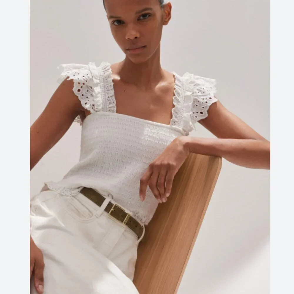 ME+EM White Cotton Delicate Broderie Shirred Top smocked flare 10 tank cropped - Picture 9 of 9